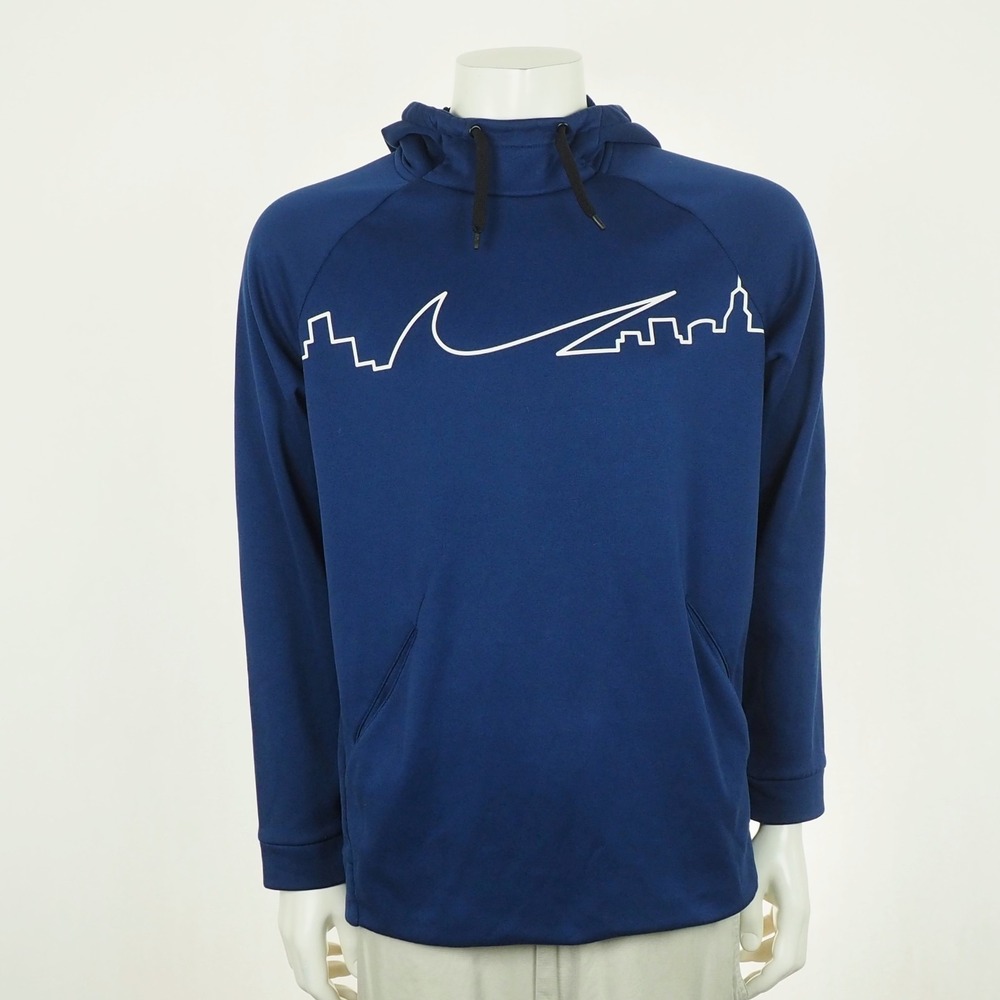Nike Therma Dri-Fit Training Pullover Hoodie Mens Large Blue City Skyline Hooded